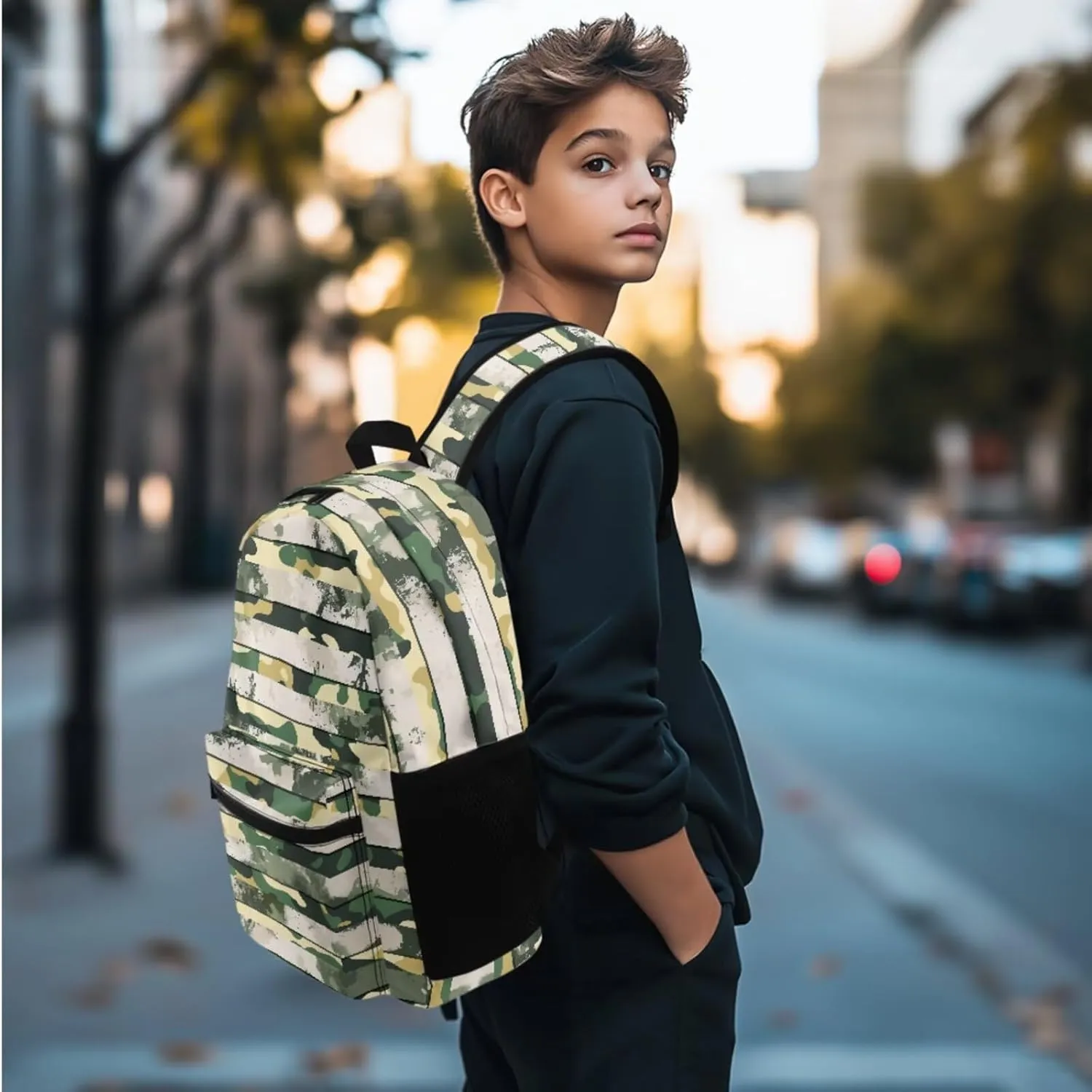 Agoviwo Camo Graphic Girls Backpack with Lunch Box Casual Bookbag Unique Backpack Set for Grades 1-3