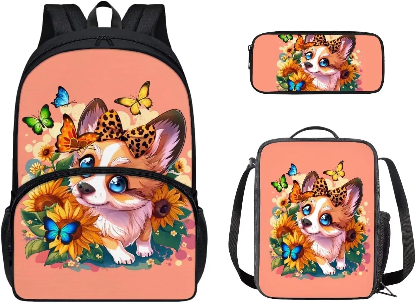 Agoviwo Cute Dog Print Backpack for School Boys Cool Backpack Hipster Bookbag with Insulated Lunch Bag and Unique Pencil Case