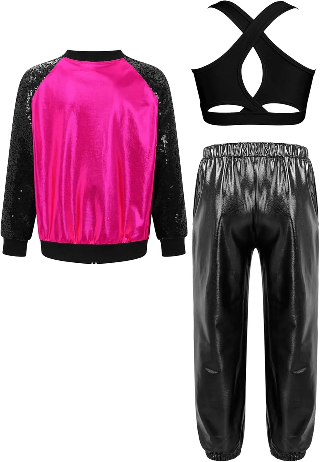 Aislor Kids Girls Modern Disco Hip Hop Dance Outfit Sequins Long Sleeve Bomber Jacket Crop Top with Harem Pants Set