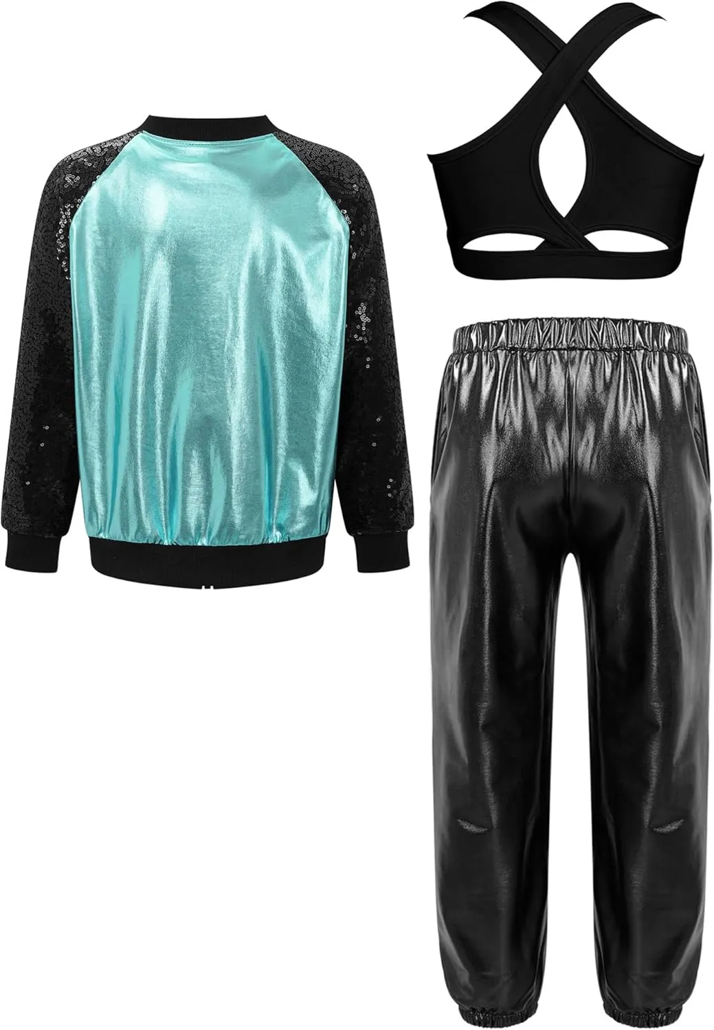 Aislor Kids Girls Modern Disco Hip Hop Dance Outfit Sequins Long Sleeve Bomber Jacket Crop Top with Harem Pants Set