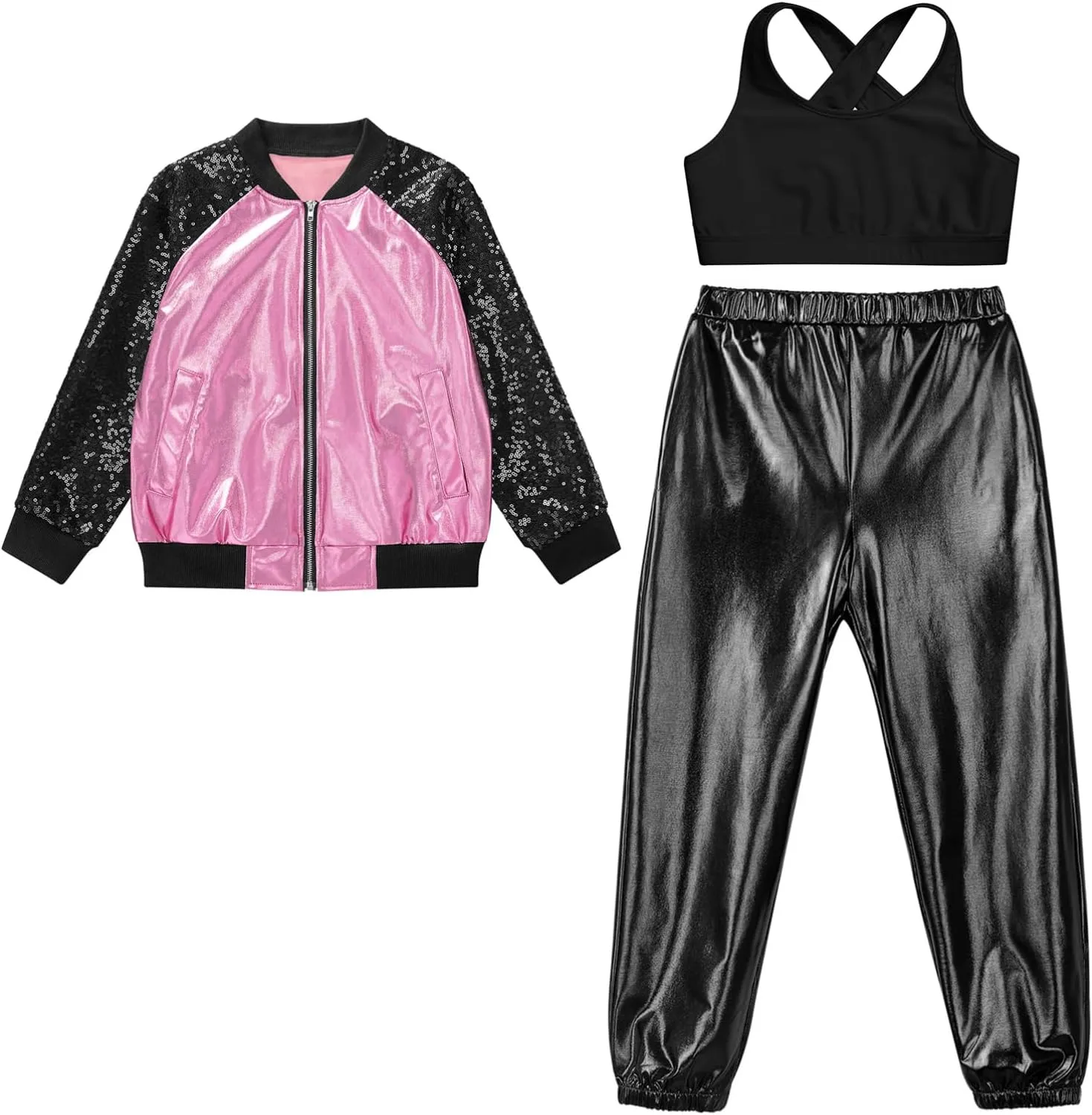 Aislor Kids Girls Modern Disco Hip Hop Dance Outfit Sequins Long Sleeve Bomber Jacket Crop Top with Harem Pants Set