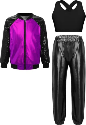 Aislor Kids Girls Modern Disco Hip Hop Dance Outfit Sequins Long Sleeve Bomber Jacket Crop Top with Harem Pants Set