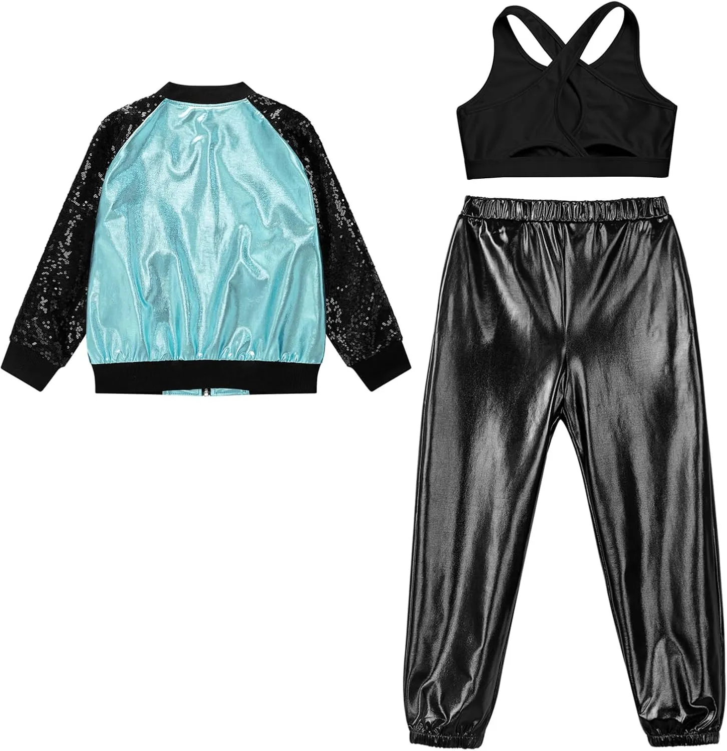 Aislor Kids Girls Modern Disco Hip Hop Dance Outfit Sequins Long Sleeve Bomber Jacket Crop Top with Harem Pants Set
