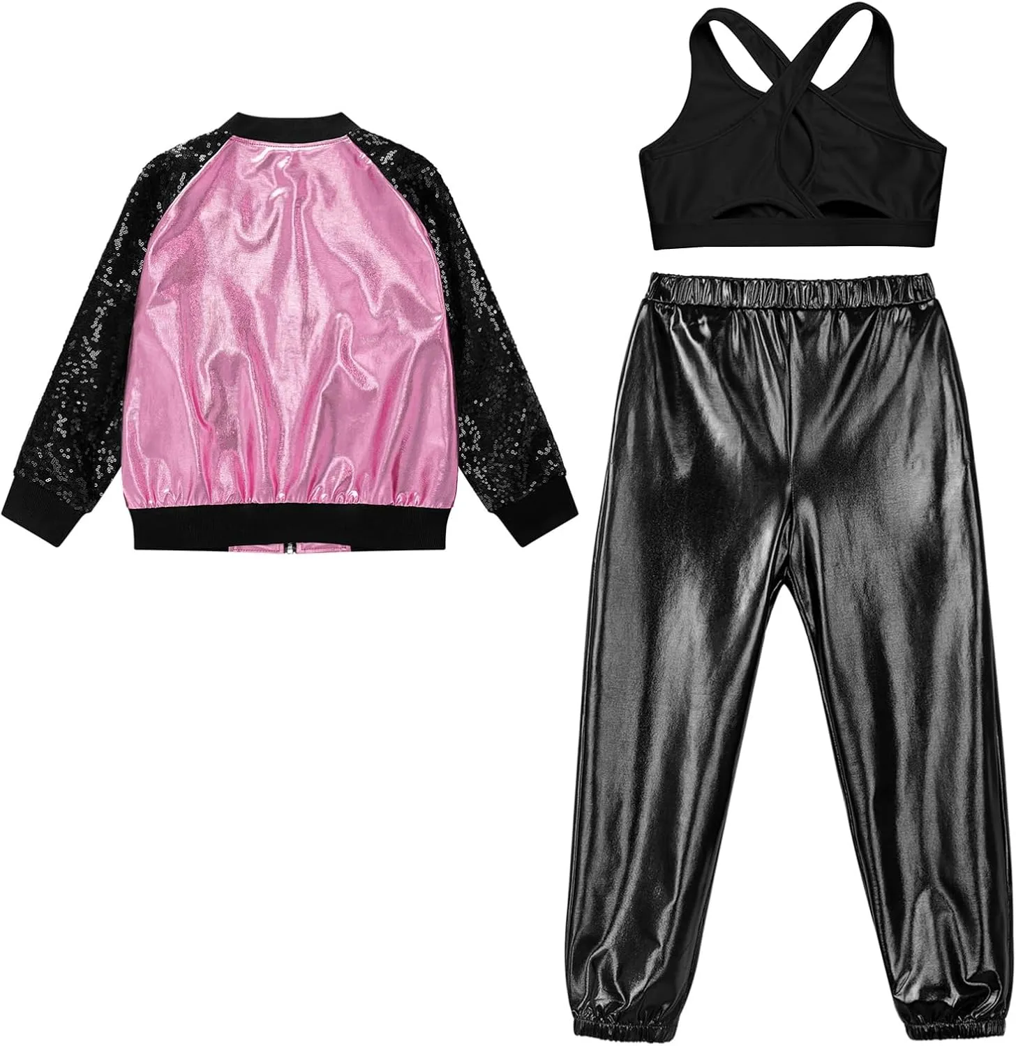 Aislor Kids Girls Modern Disco Hip Hop Dance Outfit Sequins Long Sleeve Bomber Jacket Crop Top with Harem Pants Set