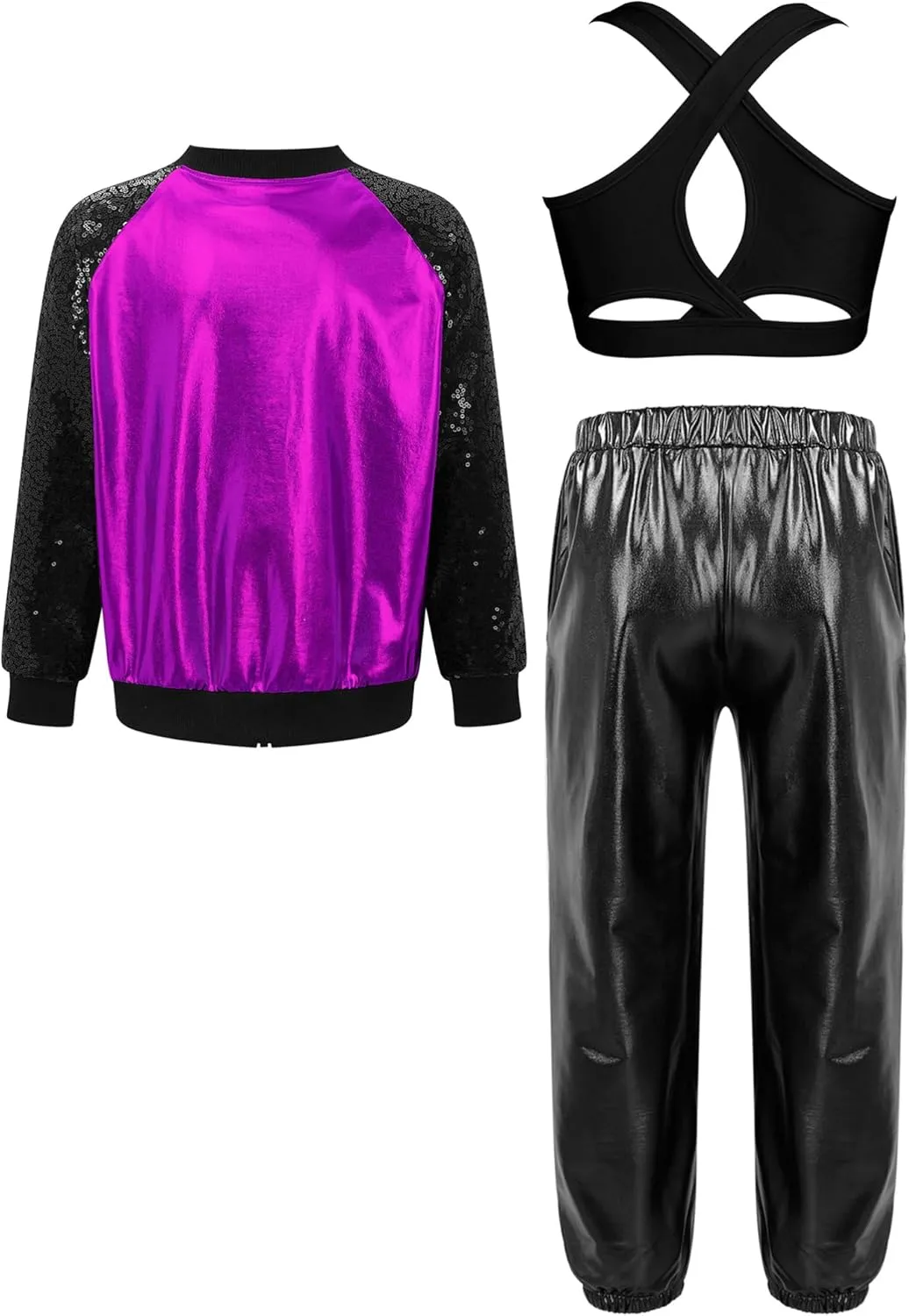 Aislor Kids Girls Modern Disco Hip Hop Dance Outfit Sequins Long Sleeve Bomber Jacket Crop Top with Harem Pants Set