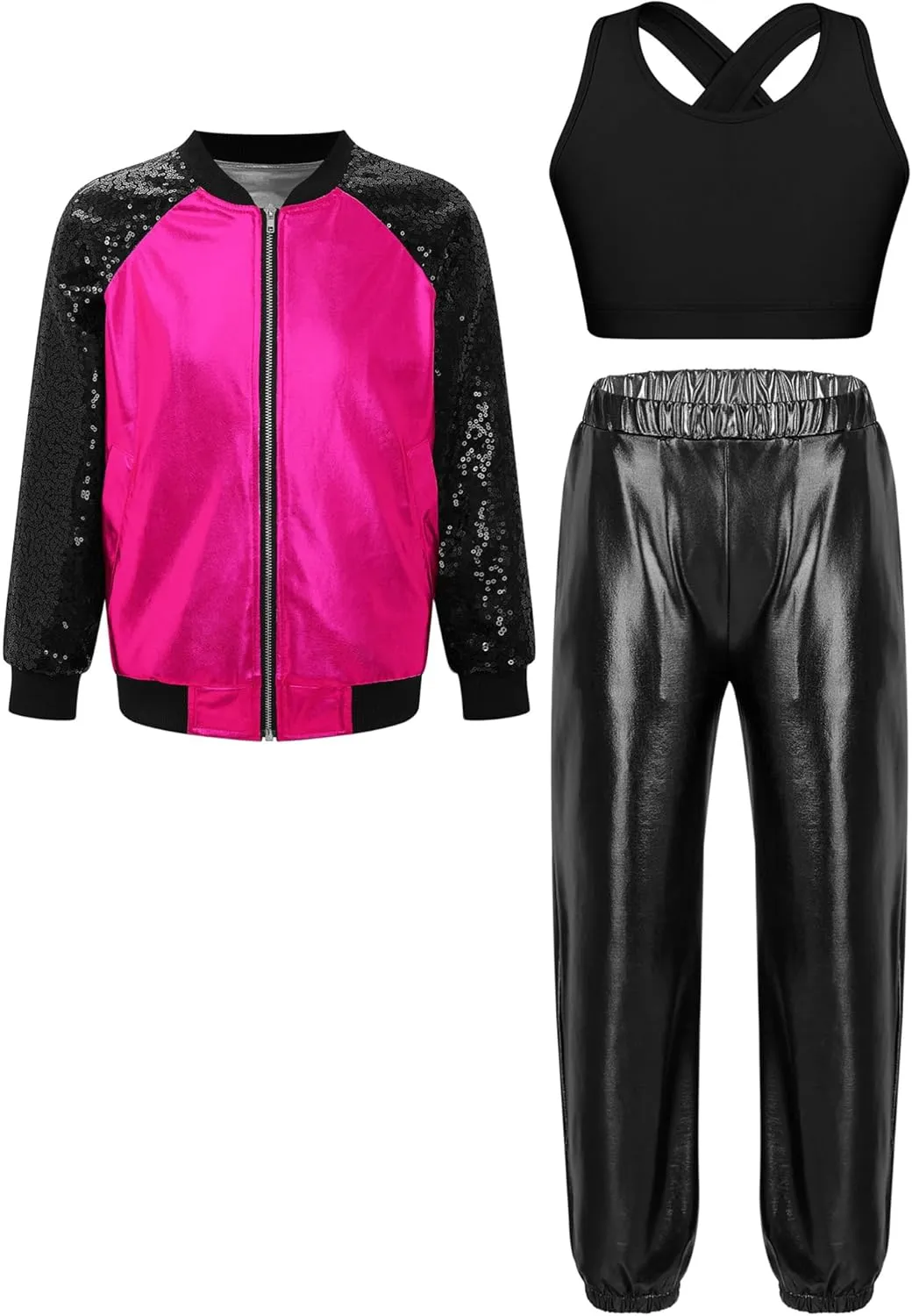 Aislor Kids Girls Modern Disco Hip Hop Dance Outfit Sequins Long Sleeve Bomber Jacket Crop Top with Harem Pants Set