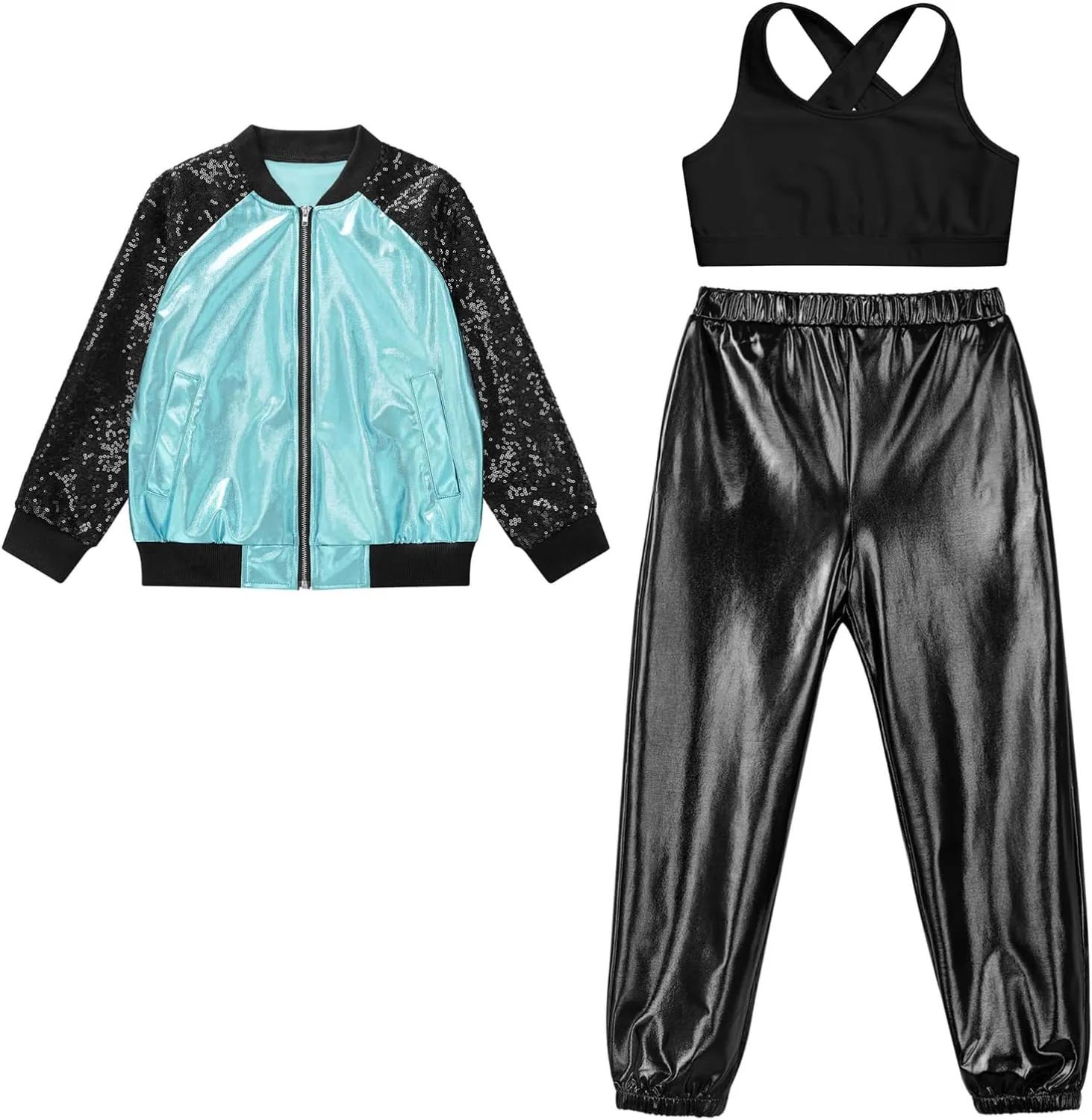 Aislor Kids Girls Modern Disco Hip Hop Dance Outfit Sequins Long Sleeve Bomber Jacket Crop Top with Harem Pants Set