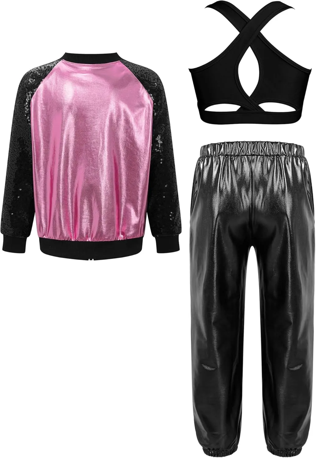 Aislor Kids Girls Modern Disco Hip Hop Dance Outfit Sequins Long Sleeve Bomber Jacket Crop Top with Harem Pants Set