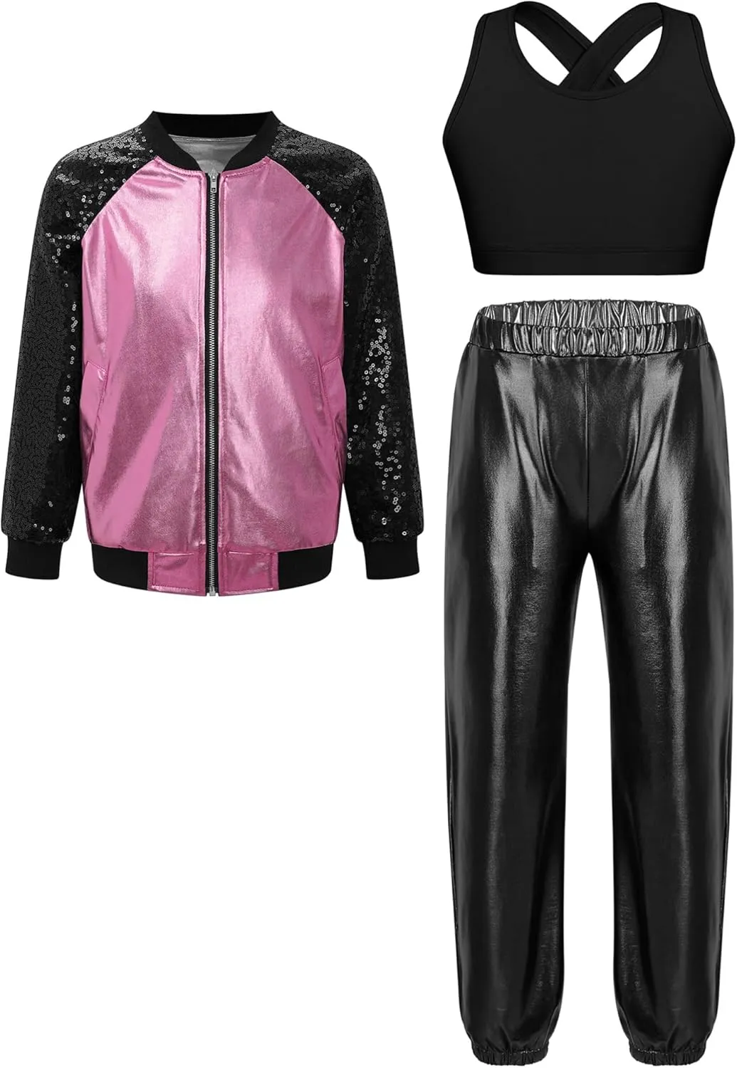 Aislor Kids Girls Modern Disco Hip Hop Dance Outfit Sequins Long Sleeve Bomber Jacket Crop Top with Harem Pants Set