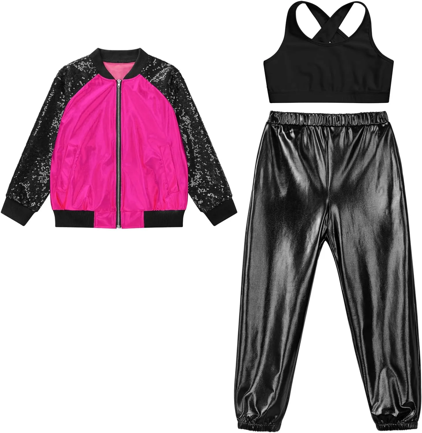 Aislor Kids Girls Modern Disco Hip Hop Dance Outfit Sequins Long Sleeve Bomber Jacket Crop Top with Harem Pants Set