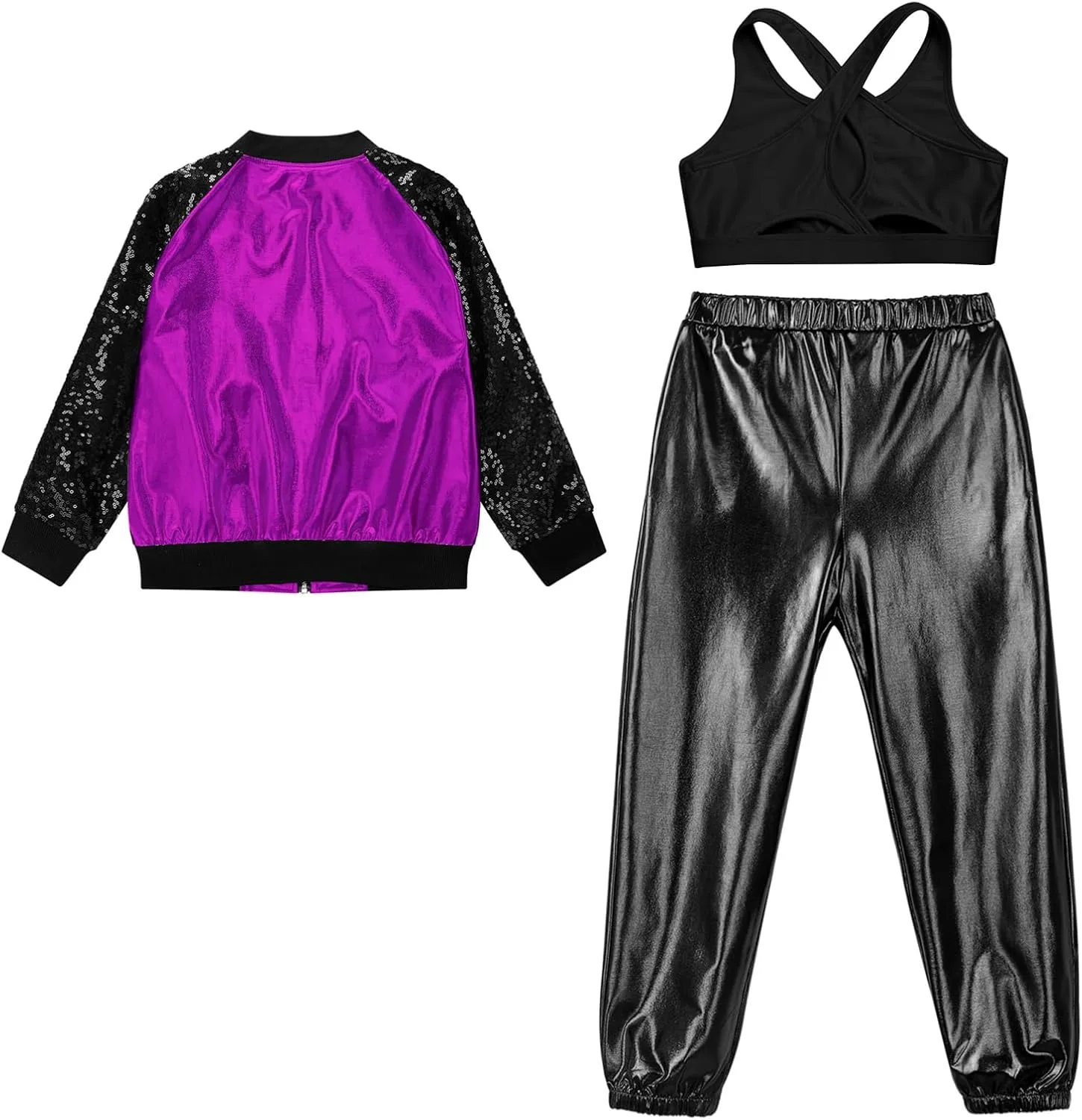 Aislor Kids Girls Modern Disco Hip Hop Dance Outfit Sequins Long Sleeve Bomber Jacket Crop Top with Harem Pants Set