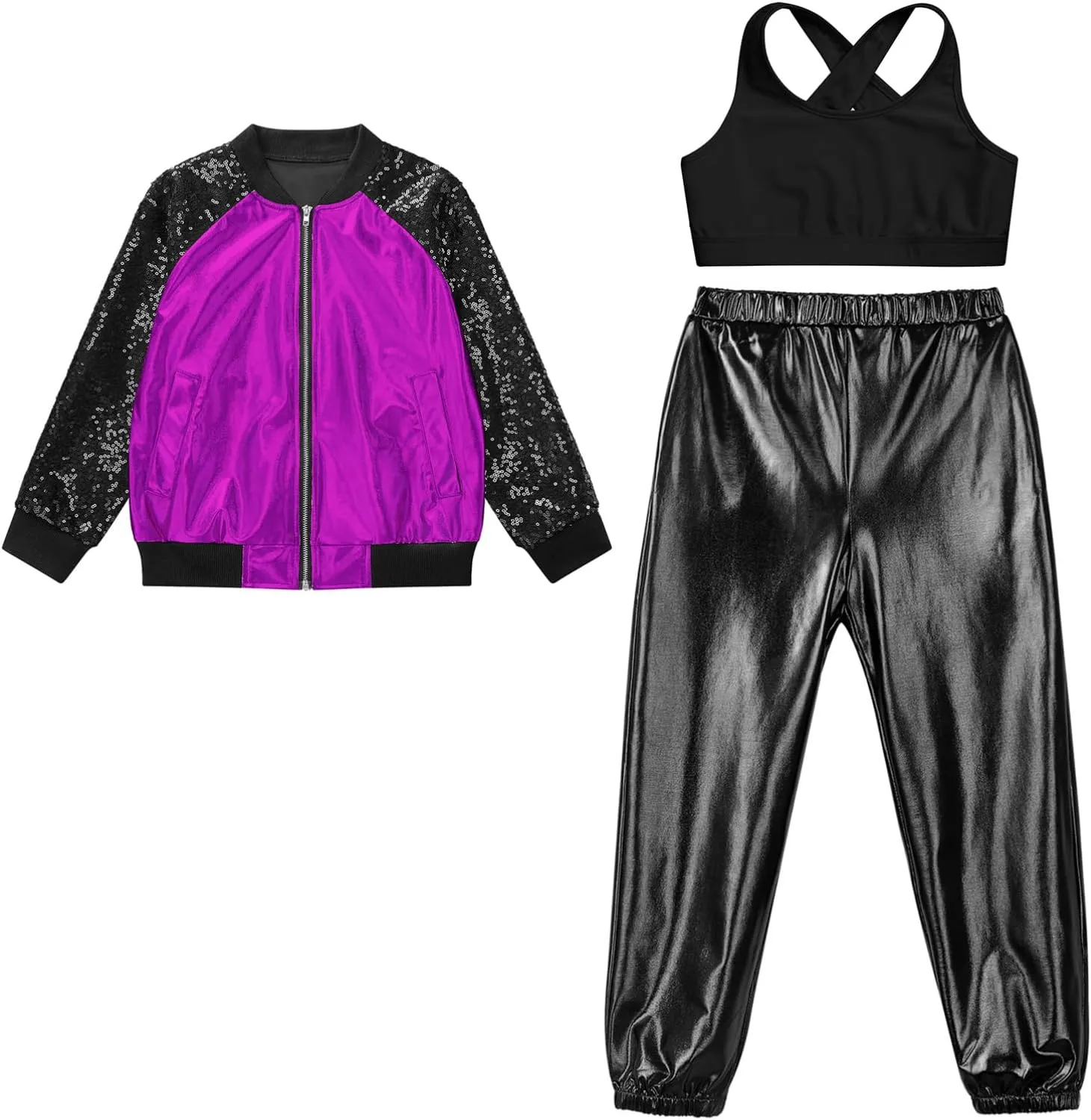 Aislor Kids Girls Modern Disco Hip Hop Dance Outfit Sequins Long Sleeve Bomber Jacket Crop Top with Harem Pants Set