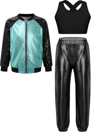 Aislor Kids Girls Modern Disco Hip Hop Dance Outfit Sequins Long Sleeve Bomber Jacket Crop Top with Harem Pants Set