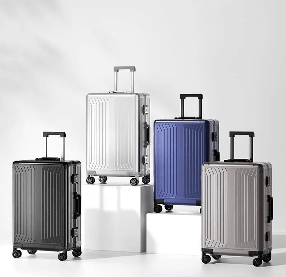 All Aluminum Magnesium Hardshell Carry on Luggage with Wheels, Modern Zipperless Hardshell Checked Luggage with Lock, Airline Approved Metal Suitcase Travel Metal Rolling Luggage (Black, 24 inch)