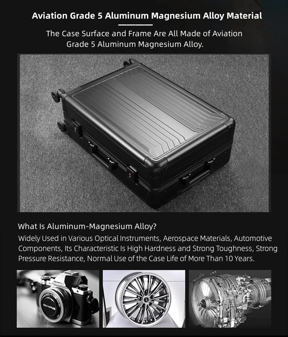 All Aluminum Magnesium Hardshell Carry on Luggage with Wheels, Modern Zipperless Hardshell Checked Luggage with Lock, Airline Approved Metal Suitcase Travel Metal Rolling Luggage (Black, 24 inch)