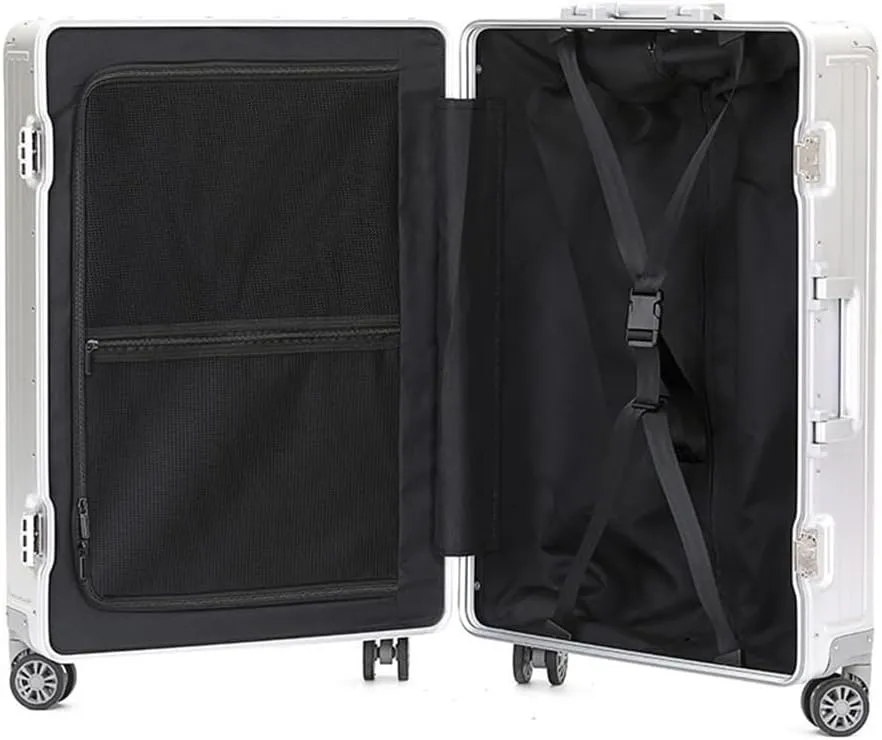 All Aluminum Magnesium Hardshell Carry on Luggage with Wheels, Modern Zipperless Hardshell Checked Luggage with Lock, Airline Approved Metal Suitcase Travel Metal Rolling Luggage (Black, 24 inch)