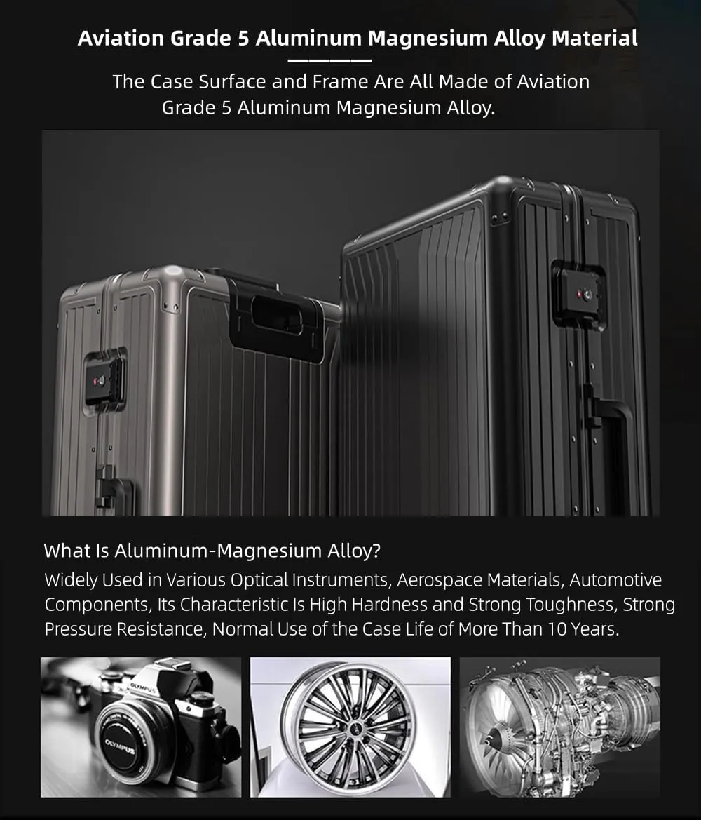 All Aluminum Magnesium Hardshell Carry on Luggage with Wheels, Modern Zipperless Hardshell Checked Luggage with Lock, Airline Approved Metal Suitcase Travel Metal Rolling Luggage (Gray, 24 inch)