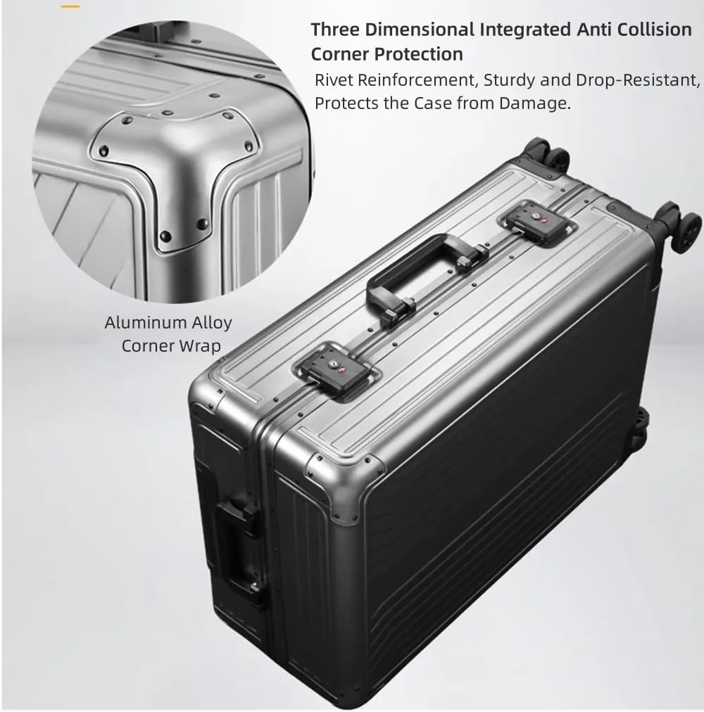 All Aluminum Magnesium Hardshell Carry on Luggage with Wheels, Modern Zipperless Hardshell Checked Luggage with TSA Lock, Airline Approved Metal Suitcase Travel Metal Rolling Luggage (Blue, 24 inch)