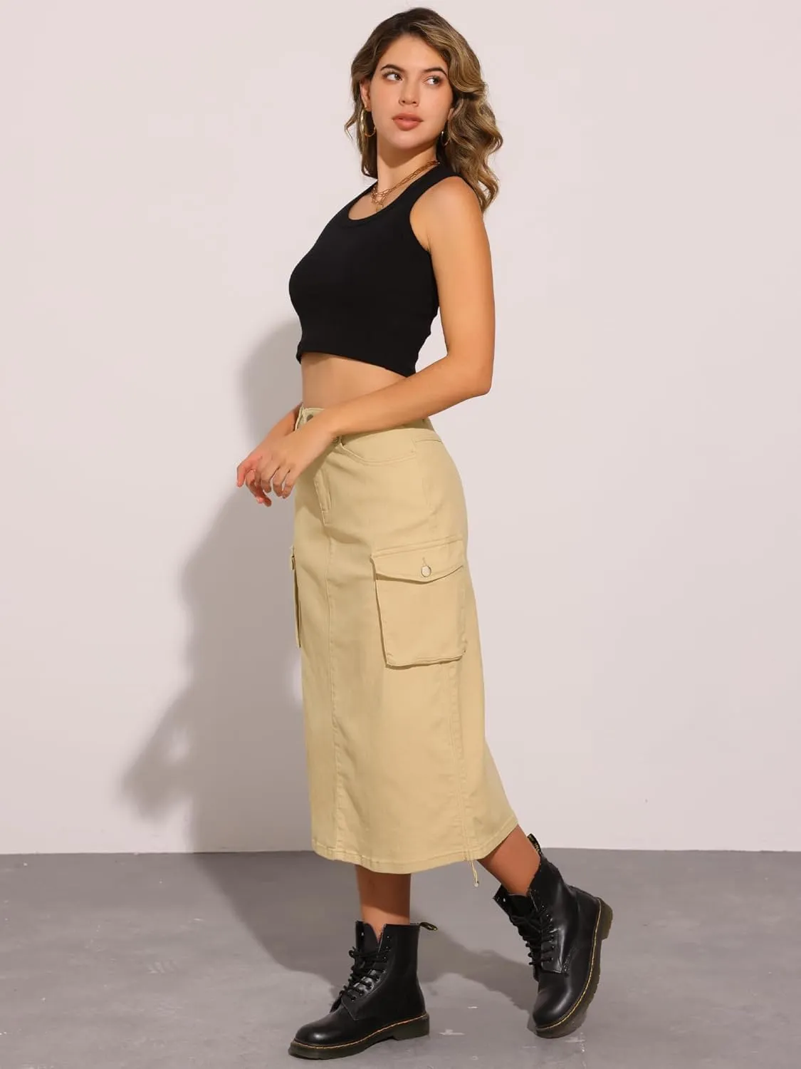 Allegra K Cargo Skirt for Women's Y2K Adjustable Casual A-Line Midi Jean Skirt