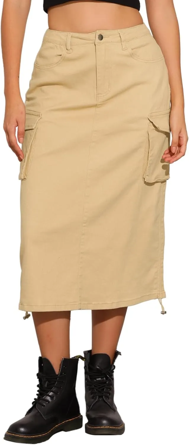 Allegra K Cargo Skirt for Women's Y2K Adjustable Casual A-Line Midi Jean Skirt