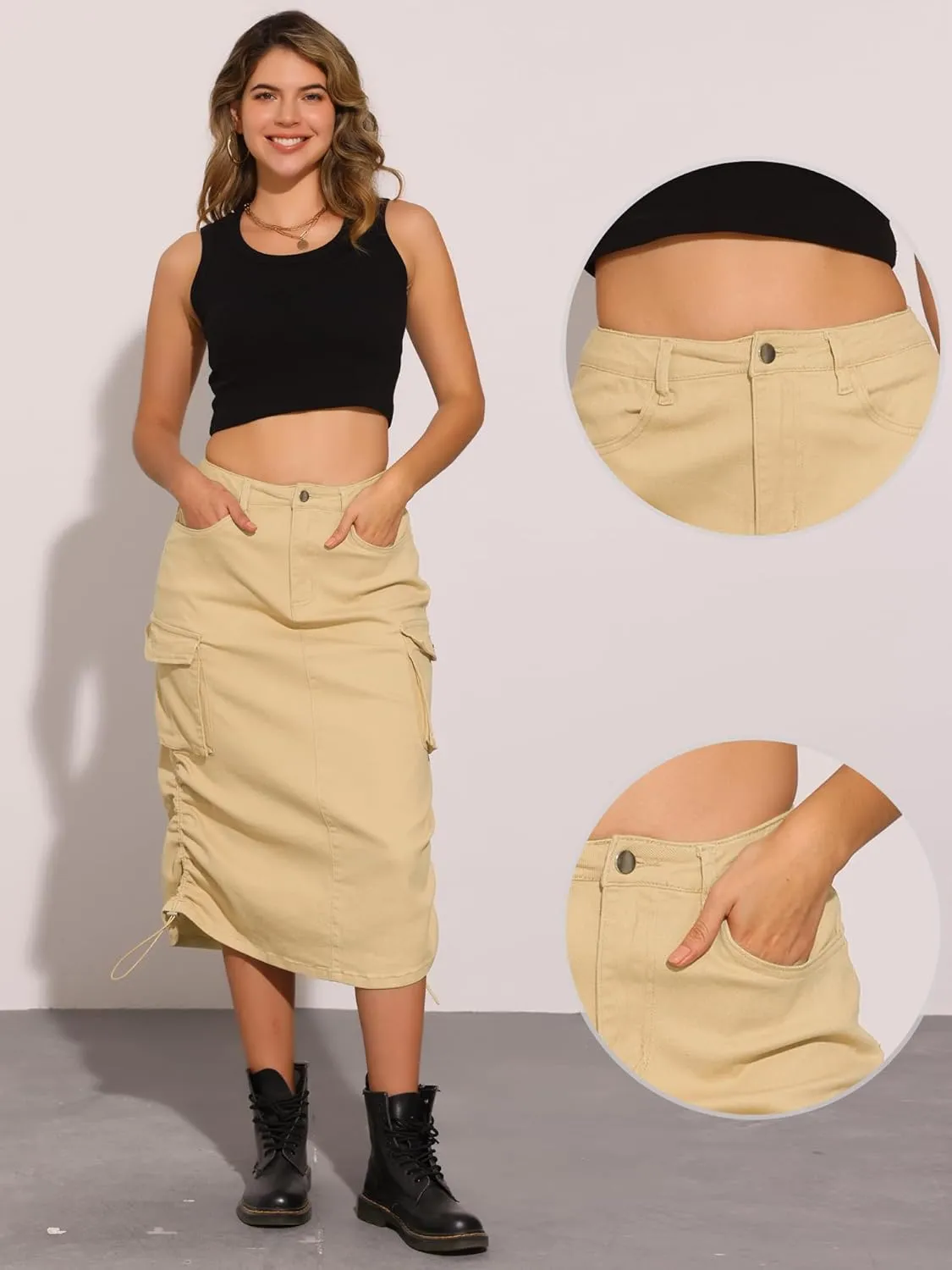 Allegra K Cargo Skirt for Women's Y2K Adjustable Casual A-Line Midi Jean Skirt