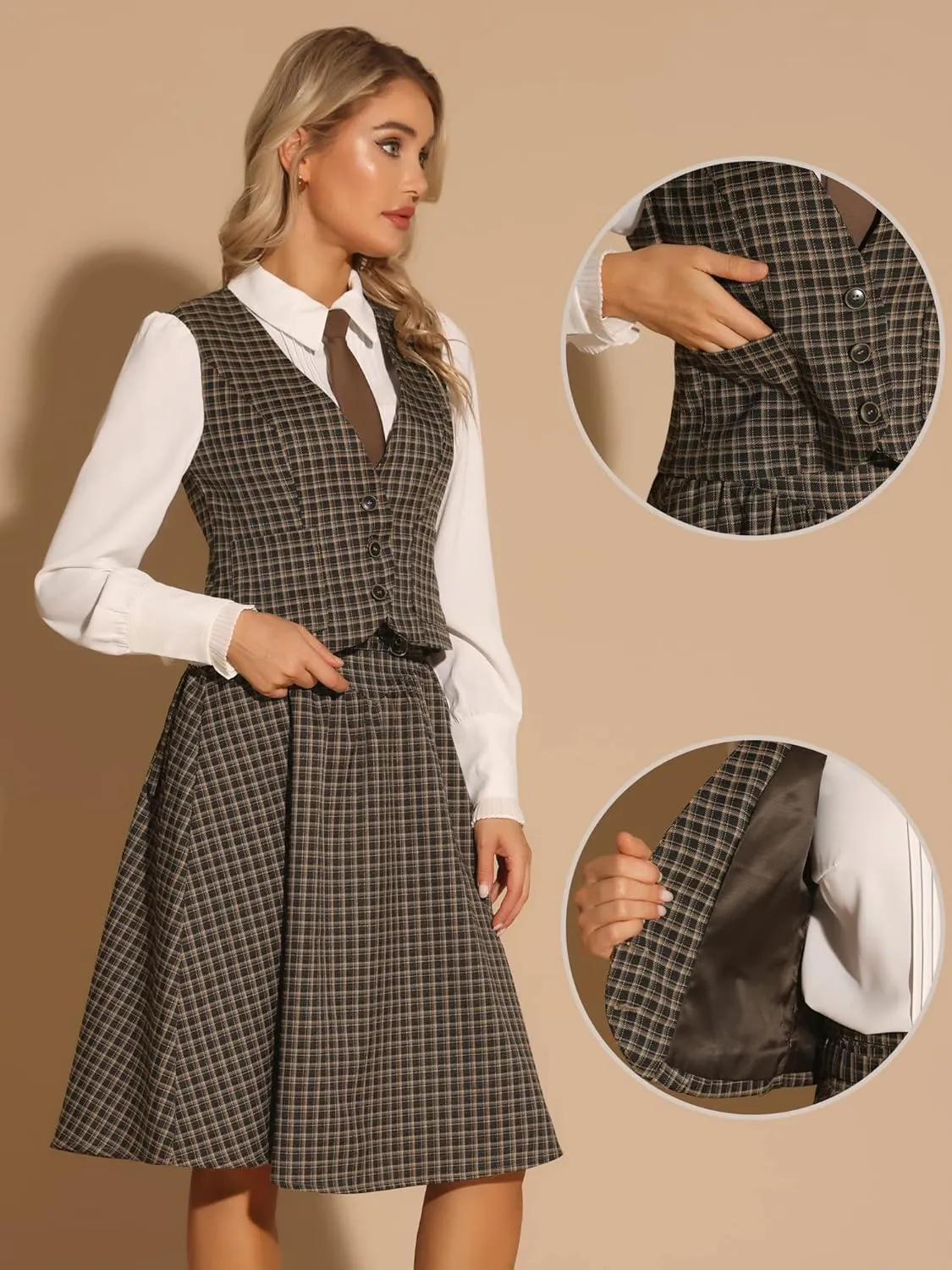 Allegra K Plaid Vest for Women's Single Breasted Sleeveless Racerback Vintage Waistcoat