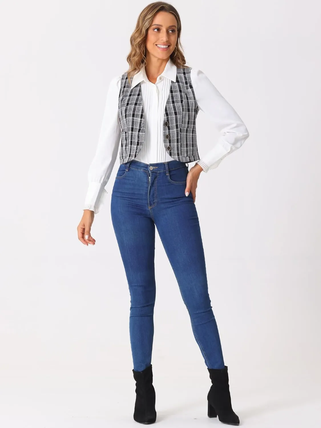 Allegra K Plaid Vest for Women's Single Breasted Sleeveless Racerback Vintage Waistcoat