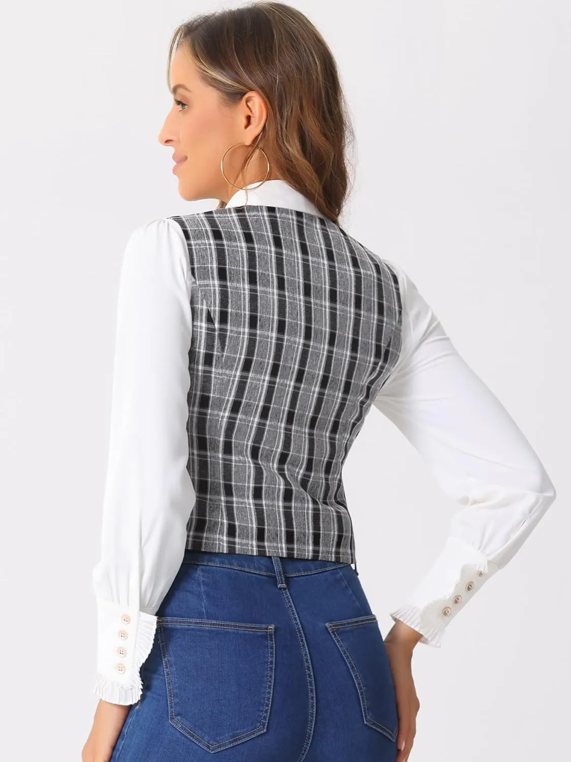 Allegra K Plaid Vest for Women's Single Breasted Sleeveless Racerback Vintage Waistcoat