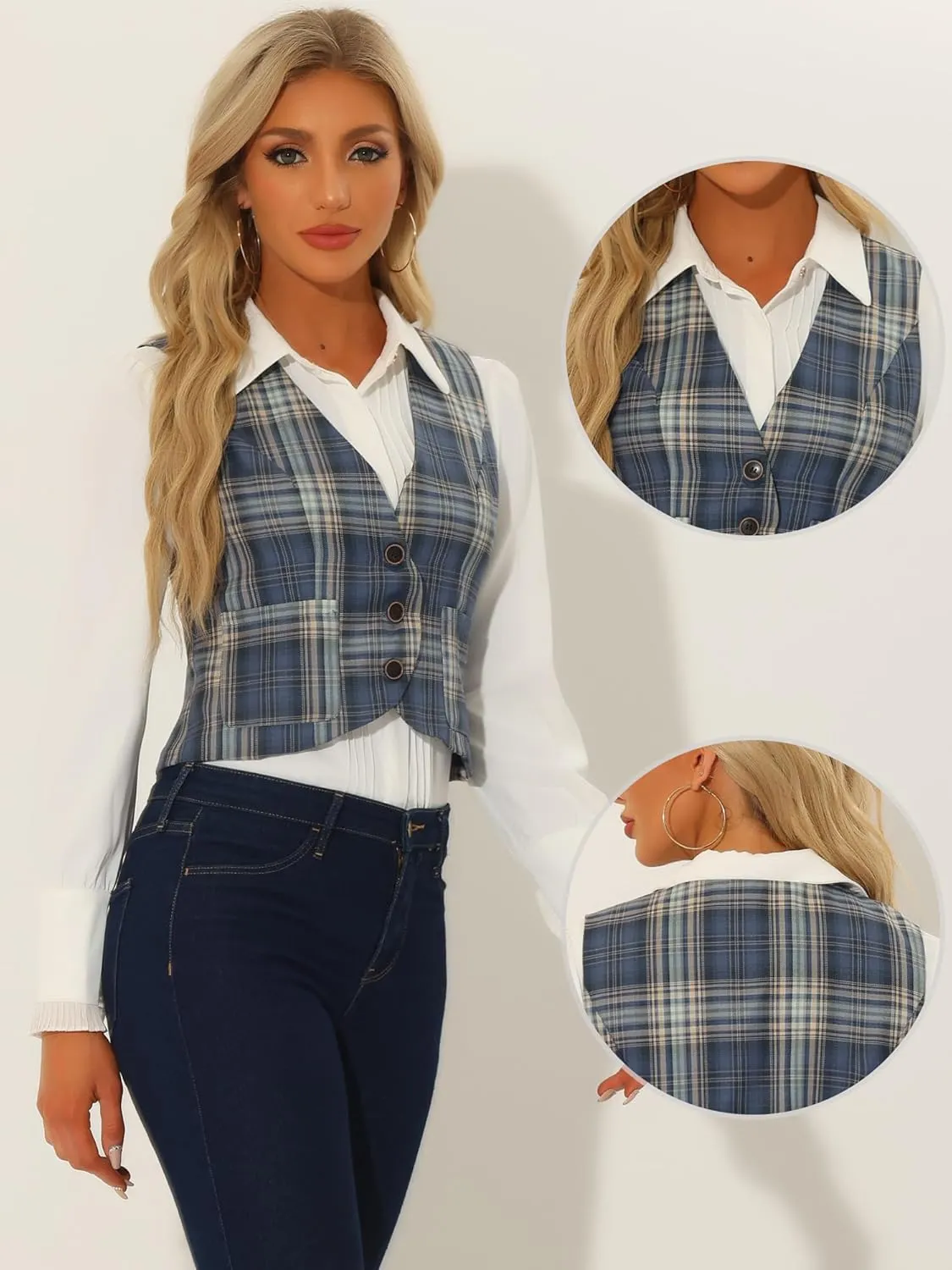 Allegra K Plaid Vest for Women's Single Breasted Sleeveless Racerback Vintage Waistcoat