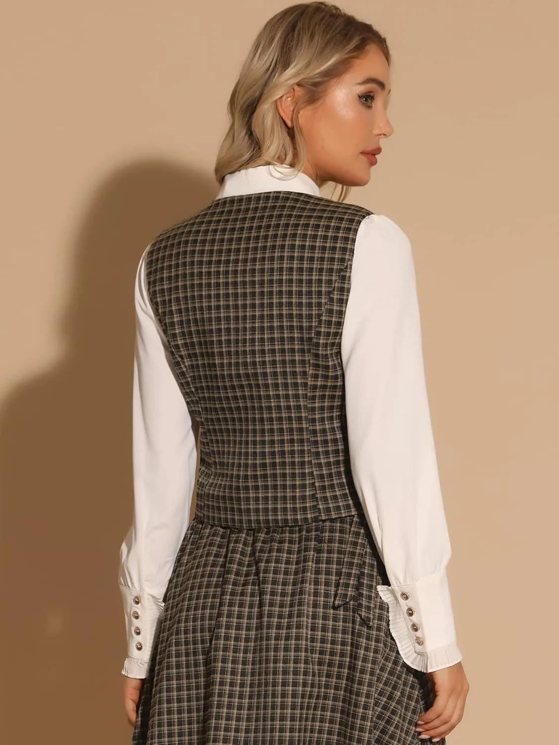 Allegra K Plaid Vest for Women's Single Breasted Sleeveless Racerback Vintage Waistcoat