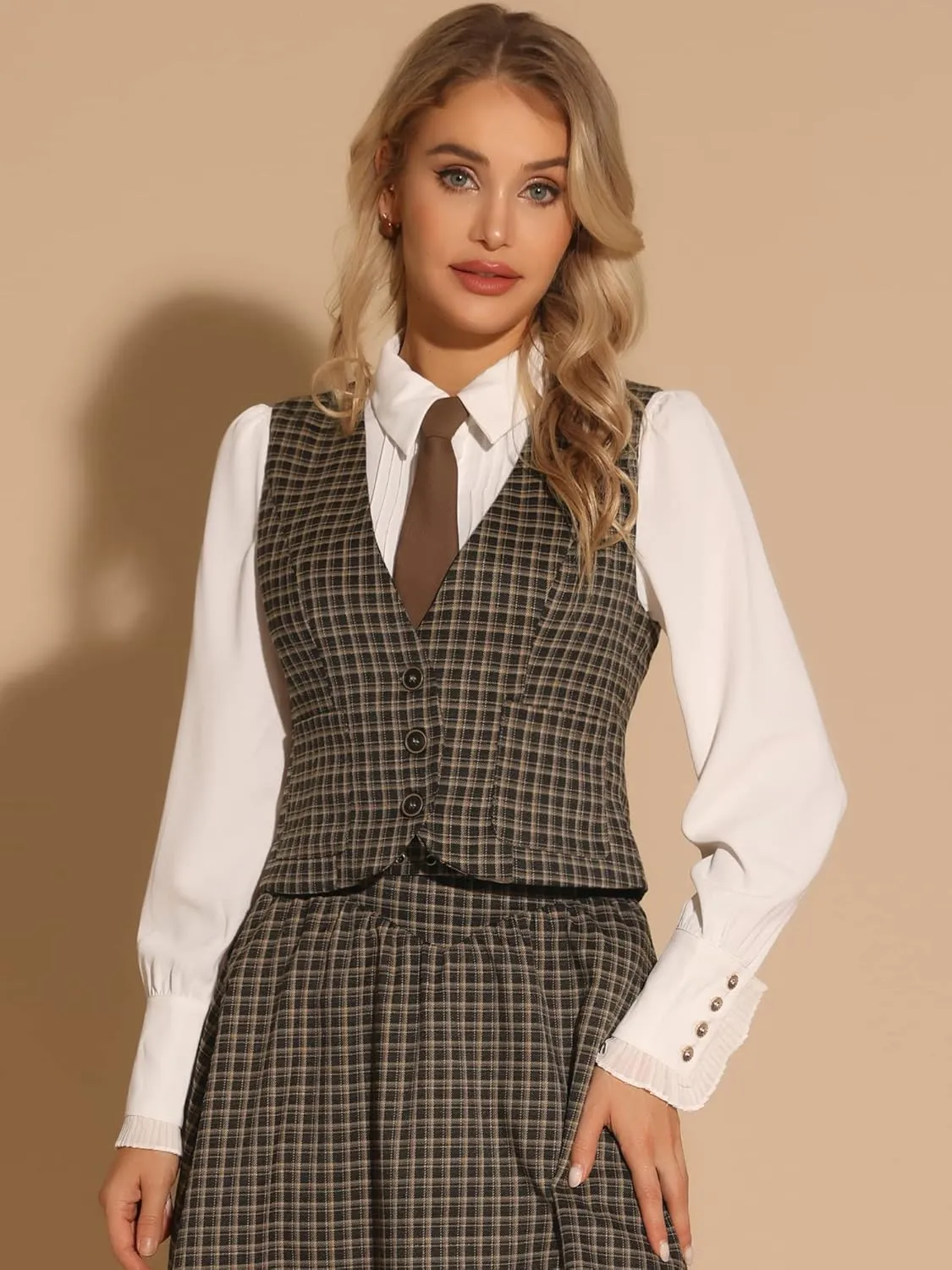 Allegra K Plaid Vest for Women's Single Breasted Sleeveless Racerback Vintage Waistcoat