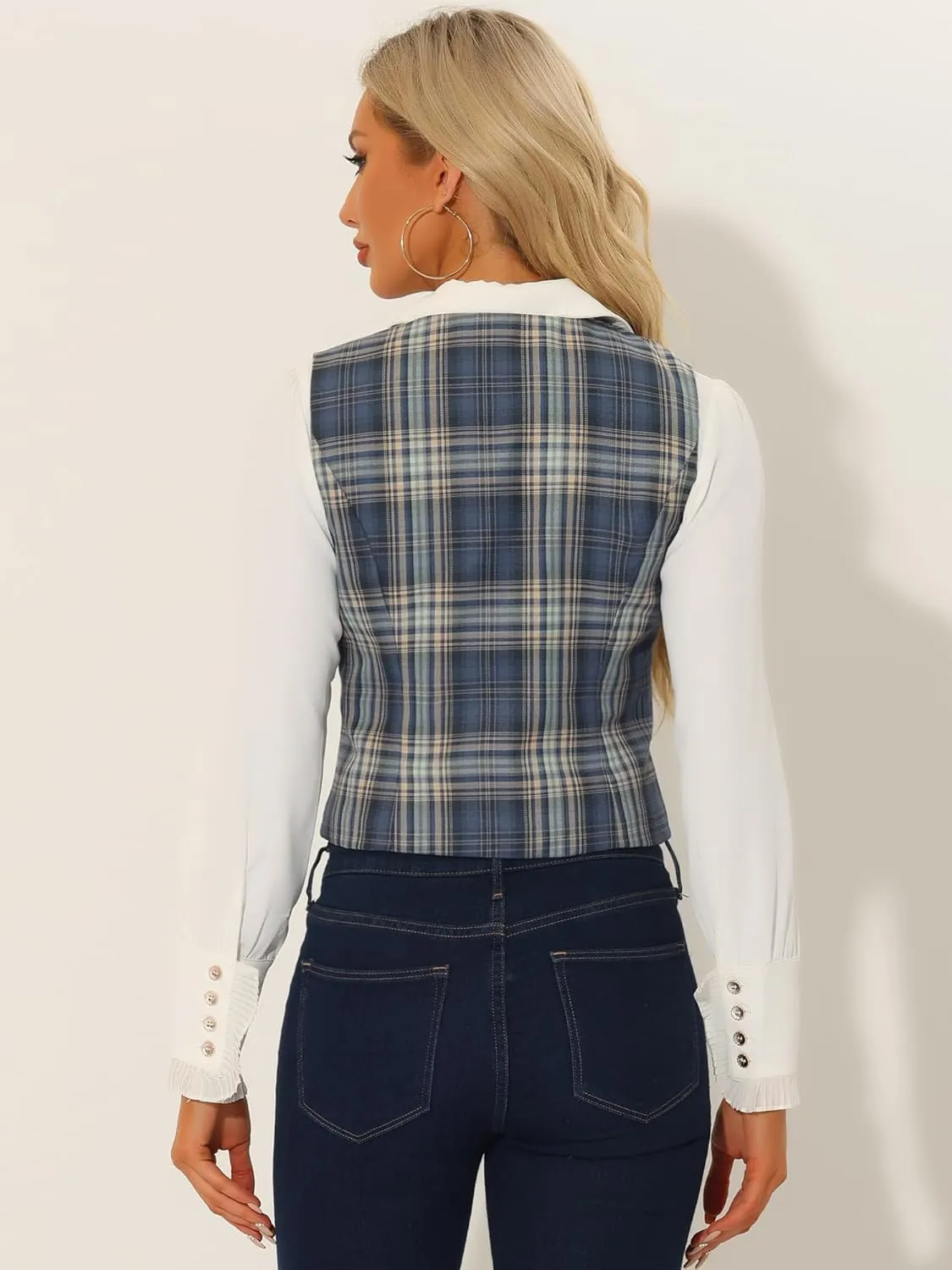 Allegra K Plaid Vest for Women's Single Breasted Sleeveless Racerback Vintage Waistcoat