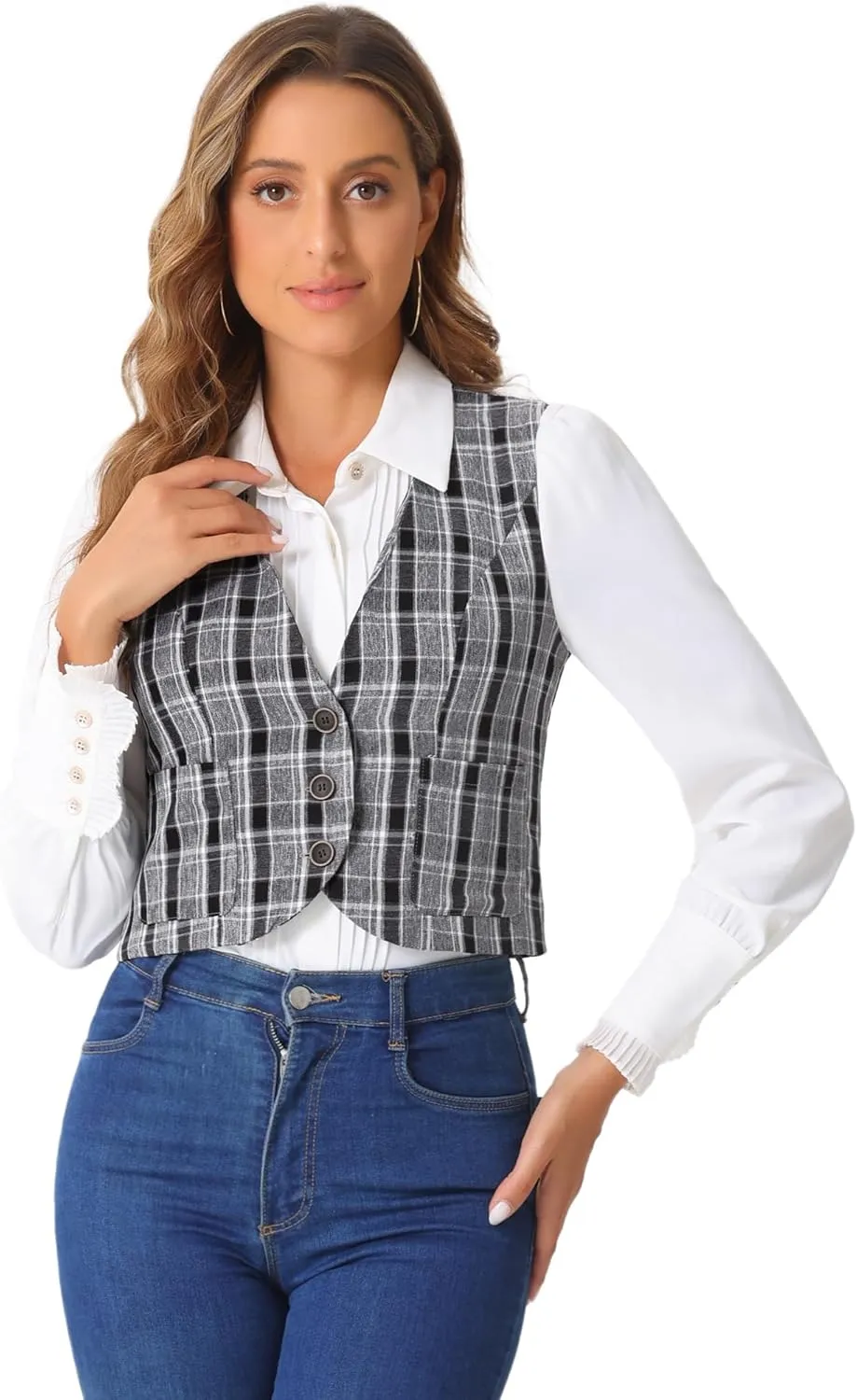 Allegra K Plaid Vest for Women's Single Breasted Sleeveless Racerback Vintage Waistcoat