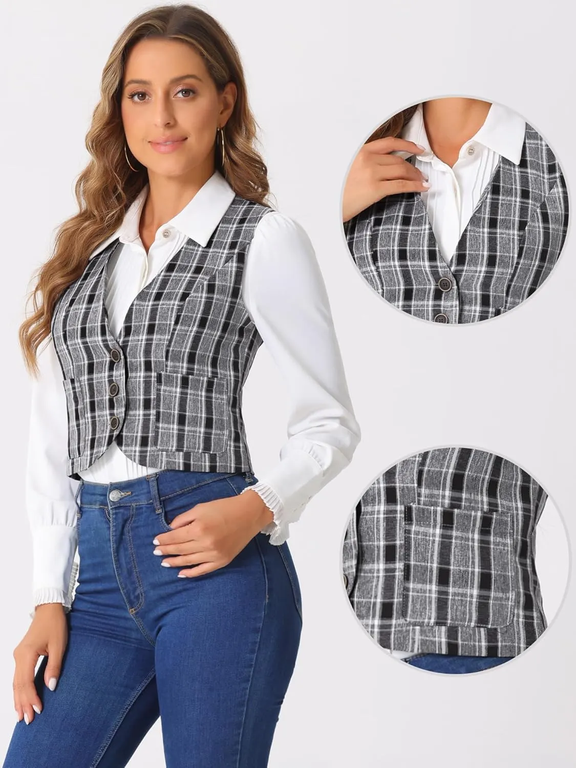 Allegra K Plaid Vest for Women's Single Breasted Sleeveless Racerback Vintage Waistcoat