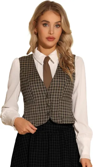Allegra K Plaid Vest for Women's Single Breasted Sleeveless Racerback Vintage Waistcoat