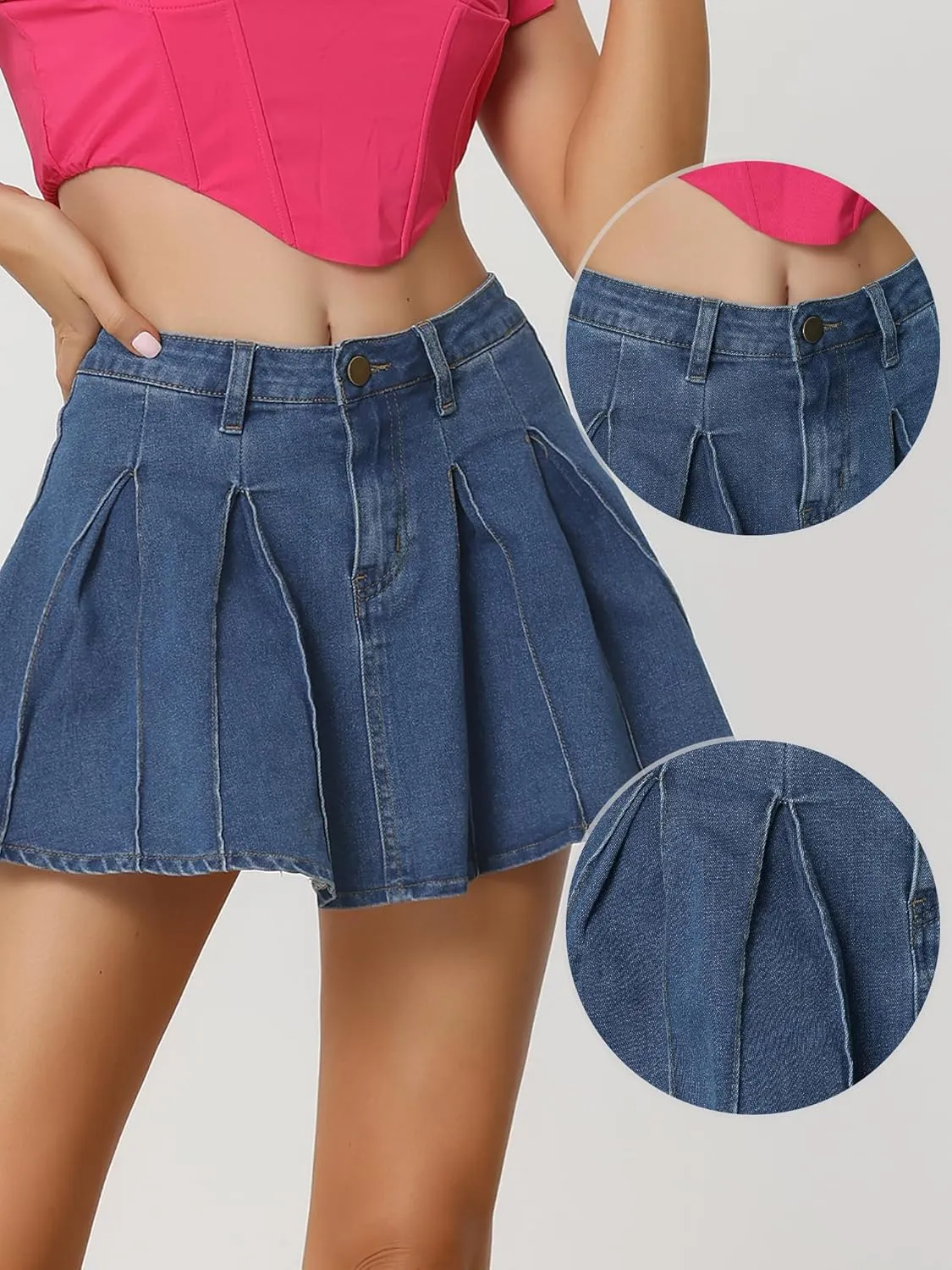 Allegra K Pleated Denim Skirt for Women's Casual A-Line High Waist Short Mini Jean Skirts