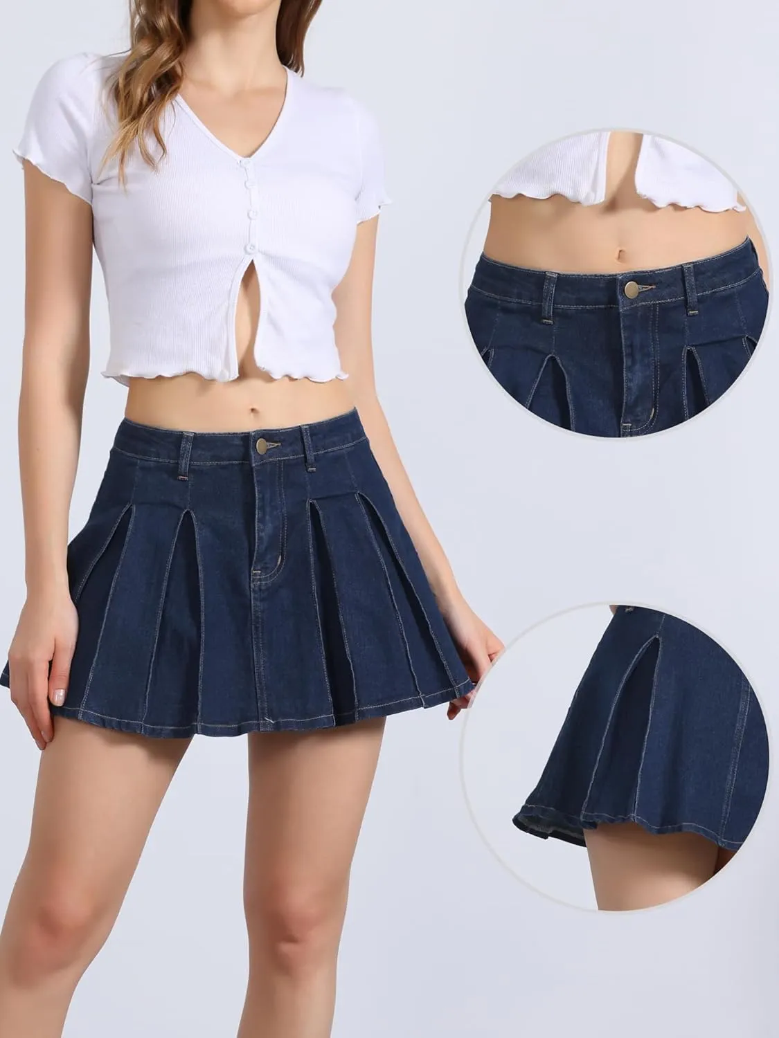 Allegra K Pleated Denim Skirt for Women's Casual A-Line High Waist Short Mini Jean Skirts