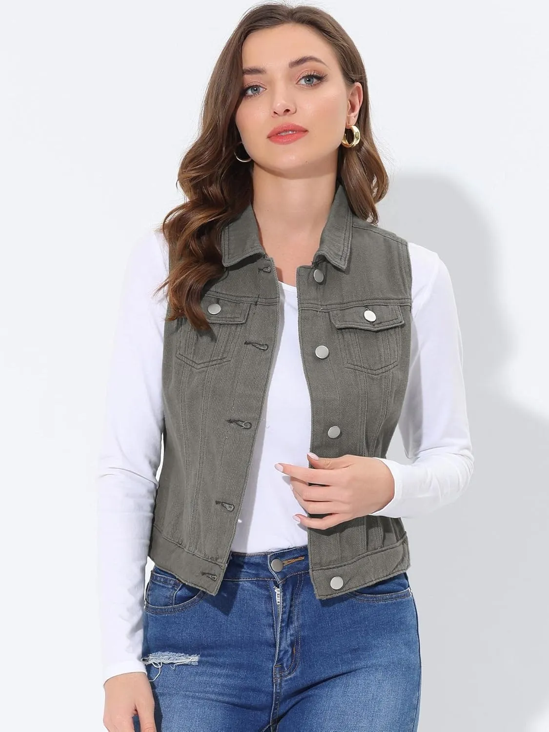 Allegra K Sleeveless Jacket for Women's Button Front Chest Pockets Outwear Cargo Vest