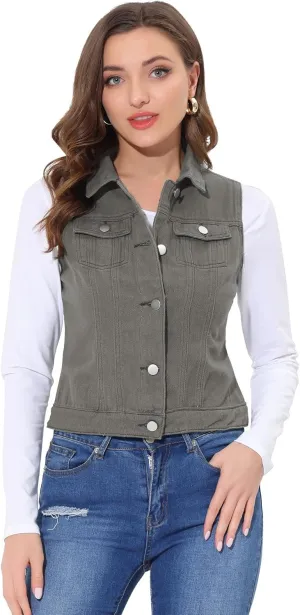 Allegra K Sleeveless Jacket for Women's Button Front Chest Pockets Outwear Cargo Vest