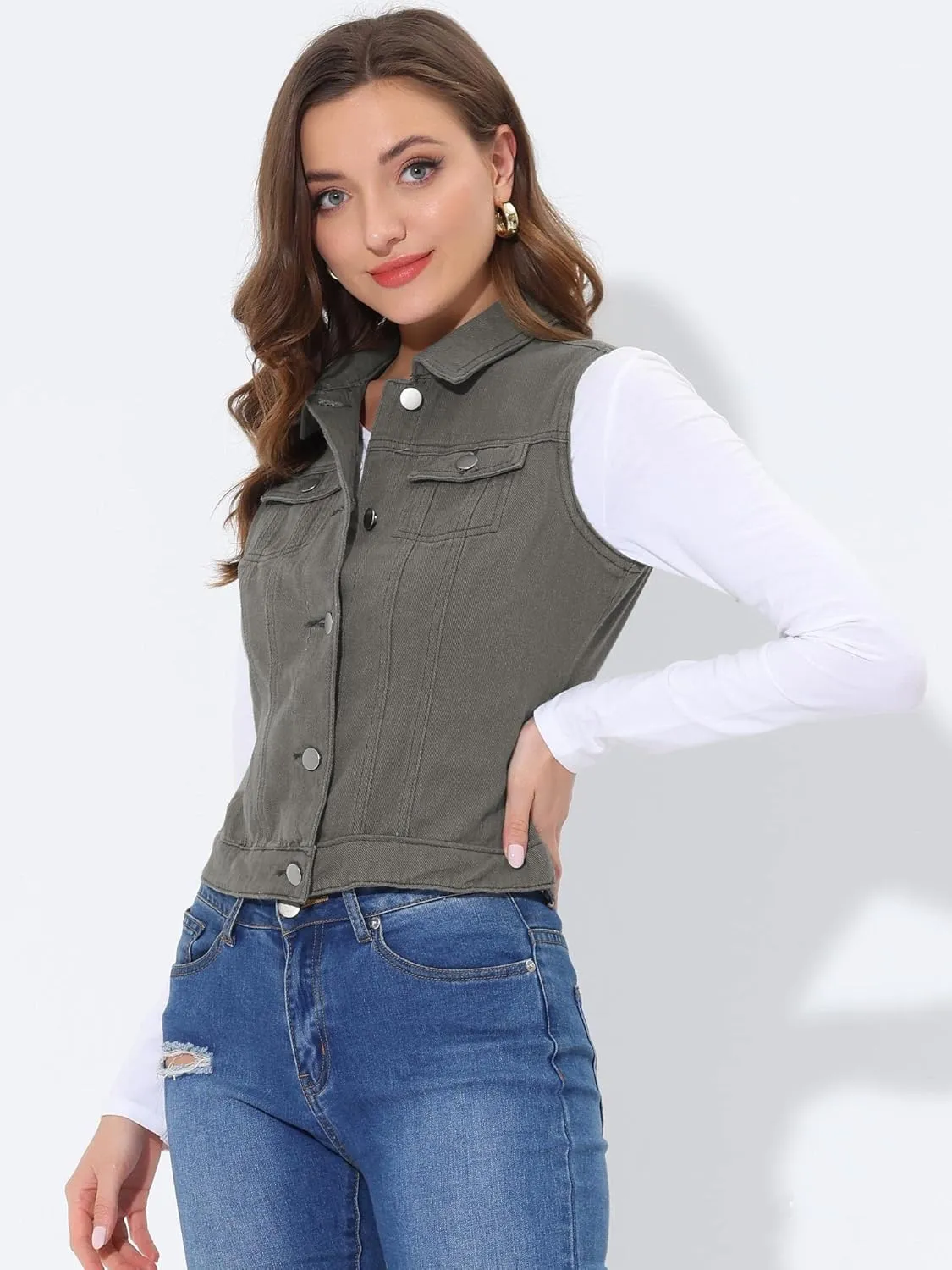 Allegra K Sleeveless Jacket for Women's Button Front Chest Pockets Outwear Cargo Vest