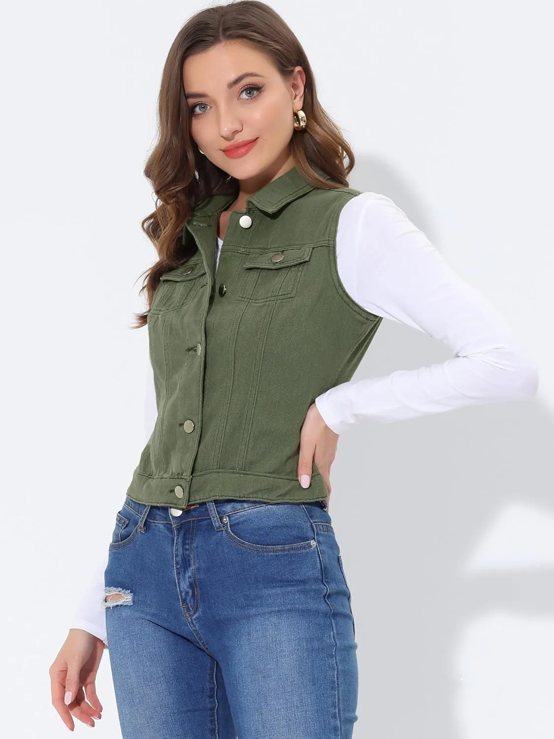 Allegra K Sleeveless Jacket for Women's Button Front Chest Pockets Outwear Cargo Vest