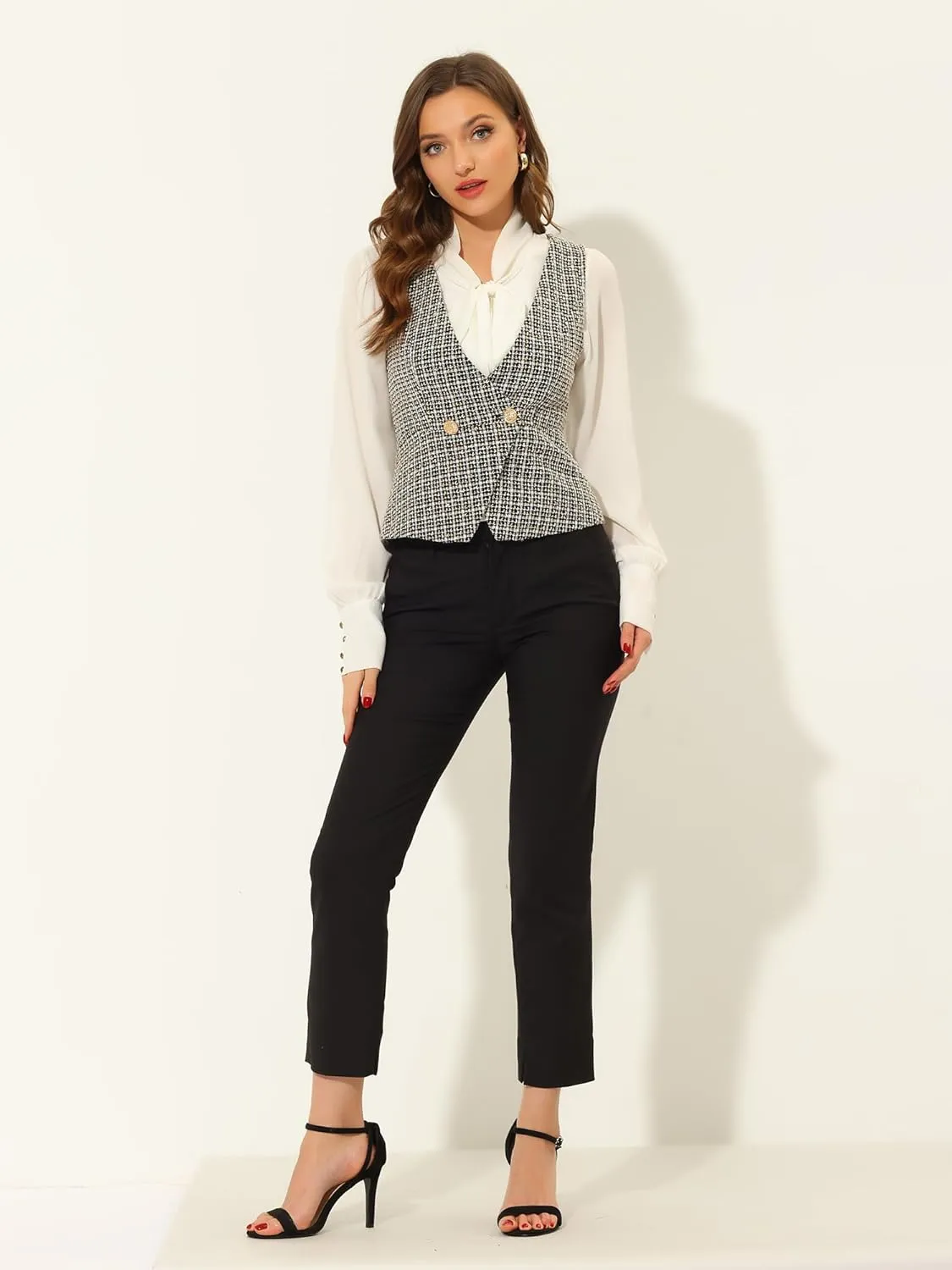 Allegra K Vintage Tweed Vest for Women's Double Breasted Sleeveless Plaid Waistcoat Jacket