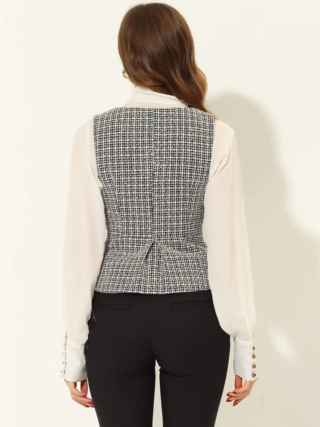 Allegra K Vintage Tweed Vest for Women's Double Breasted Sleeveless Plaid Waistcoat Jacket
