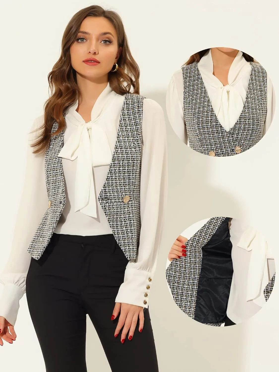 Allegra K Vintage Tweed Vest for Women's Double Breasted Sleeveless Plaid Waistcoat Jacket