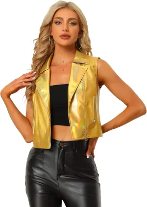 Allegra K Women's Metallic Faux Leather Vest Lapel Collar Zip Sleeveless Cropped Jacket