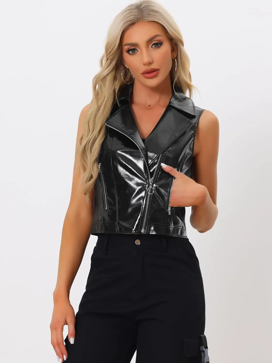 Allegra K Women's Metallic Faux Leather Vest Lapel Collar Zip Sleeveless Cropped Jacket