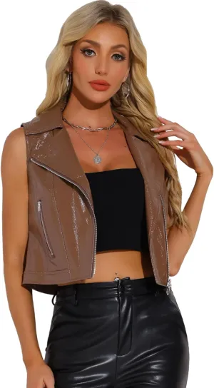 Allegra K Women's Metallic Faux Leather Vest Lapel Collar Zip Sleeveless Cropped Jacket