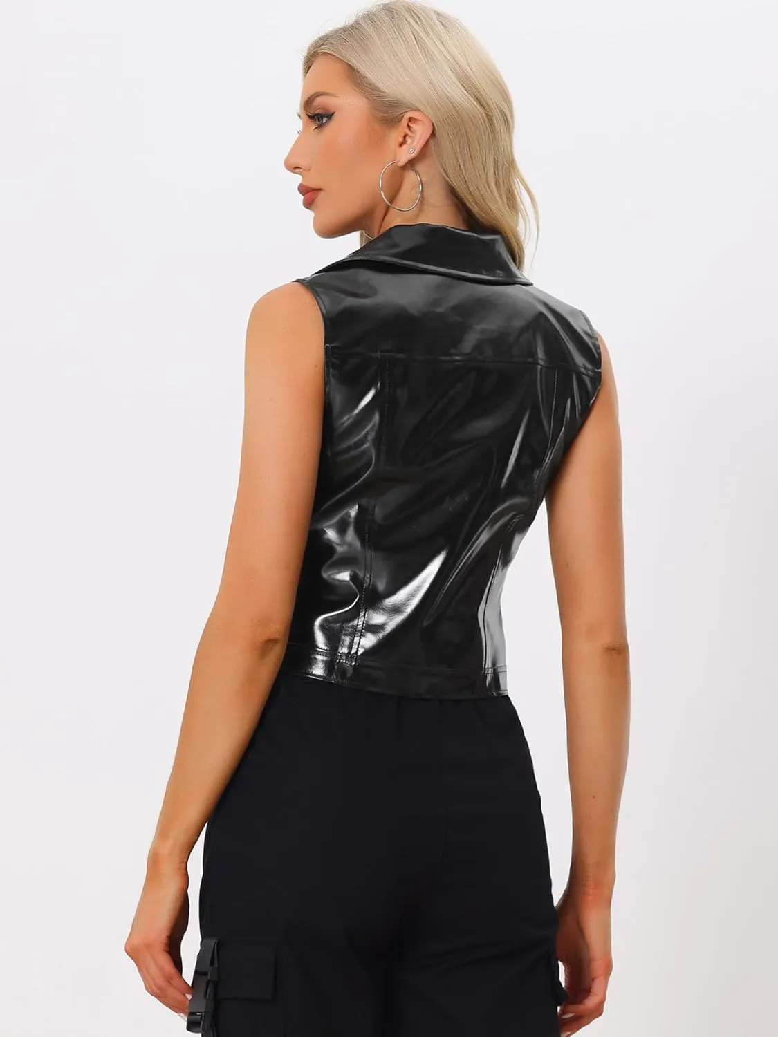 Allegra K Women's Metallic Faux Leather Vest Lapel Collar Zip Sleeveless Cropped Jacket