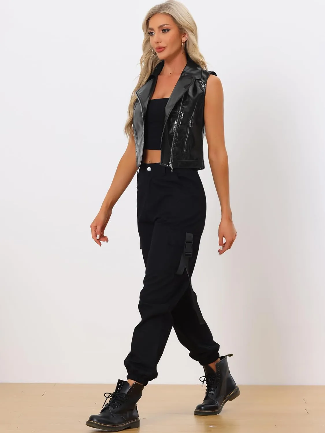 Allegra K Women's Metallic Faux Leather Vest Lapel Collar Zip Sleeveless Cropped Jacket