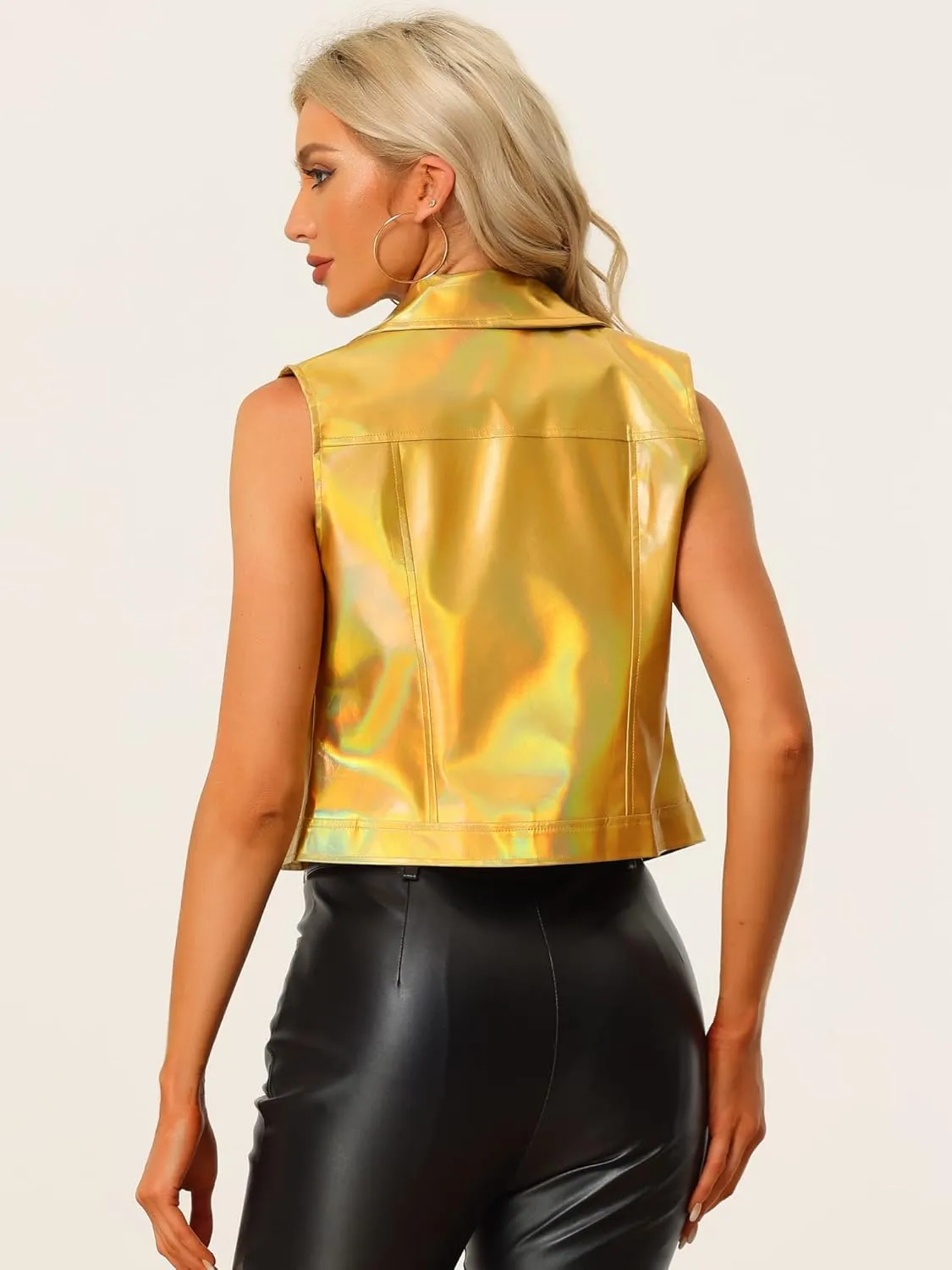 Allegra K Women's Metallic Faux Leather Vest Lapel Collar Zip Sleeveless Cropped Jacket